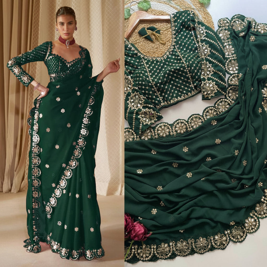 A dark green traditional sari with intricate silver and gold embroidery, shown on a model and as a flat product display. The sari features a matching embroidered blouse and a draped dupatta with a scalloped border.