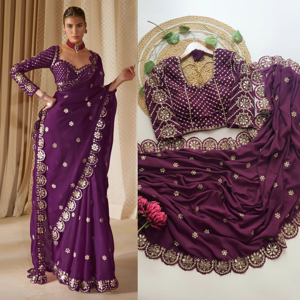 Purple saree with gold embroidery displayed on a mannequin and fabric close-up.