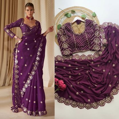 Purple saree with gold embroidery displayed on a mannequin and fabric close-up.
