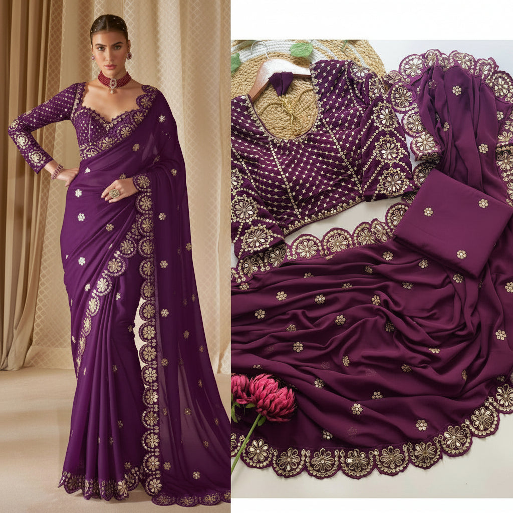 A purple saree with gold embroidery and a matching embroidered blouse, shown on a model and in a close-up product layout. The saree has a deep V-neck, long sleeves, and a draped pallu with ornate gold motifs, while the blouse has a scalloped border.