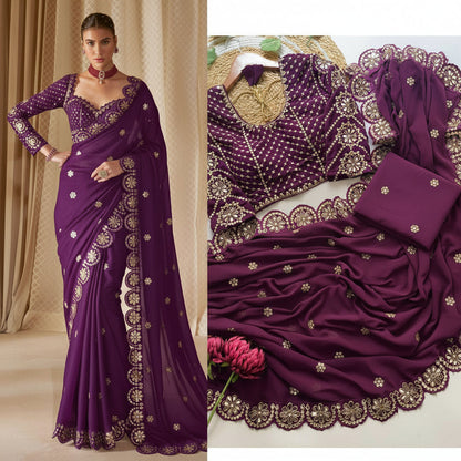 A purple saree with gold embroidery and a matching embroidered blouse, shown on a model and in a close-up product layout. The saree has a deep V-neck, long sleeves, and a draped pallu with ornate gold motifs, while the blouse has a scalloped border.