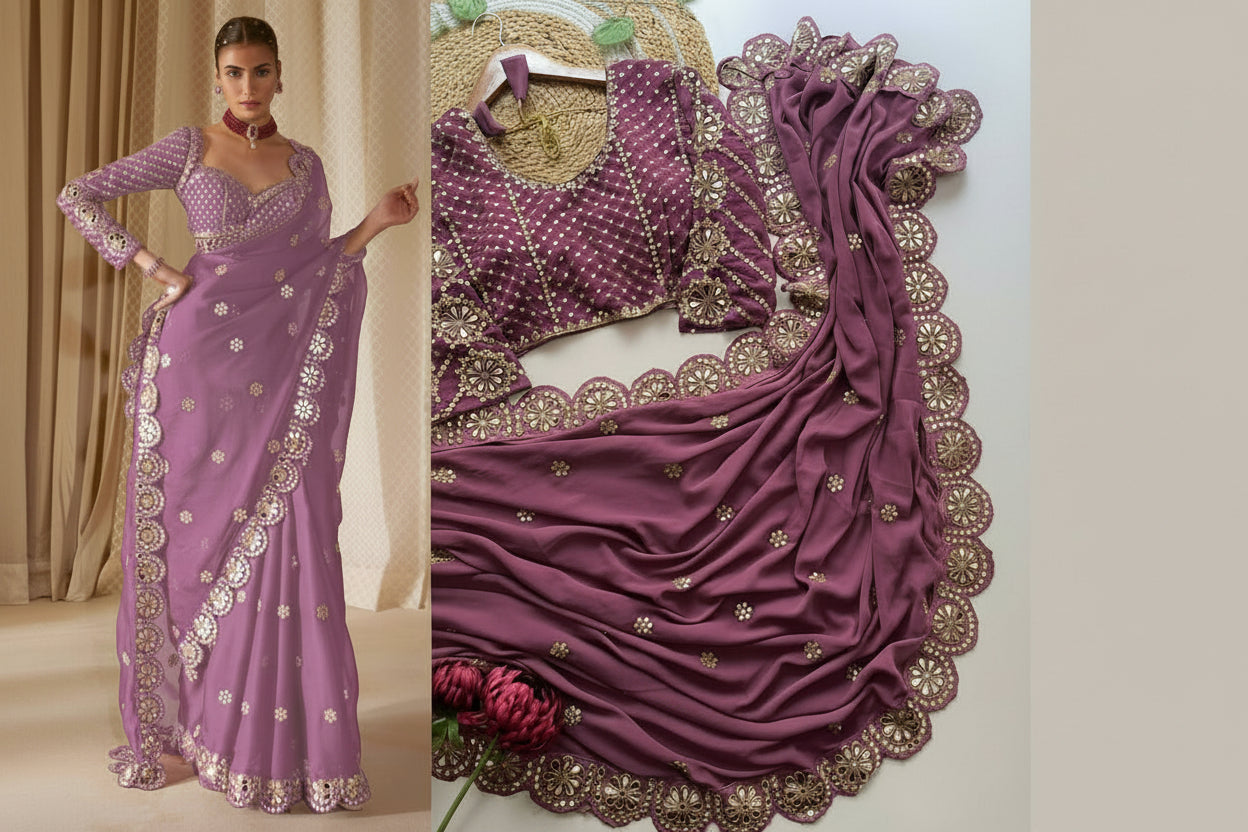 A lavender purple saree with gold mirror work embroidery, shown both worn by a model and laid flat. The matching embroidered blouse is also displayed.