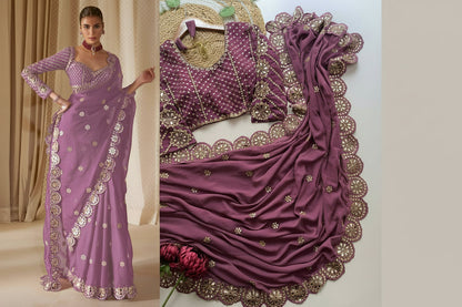 A lavender purple saree with gold mirror work embroidery, shown both worn by a model and laid flat. The matching embroidered blouse is also displayed.