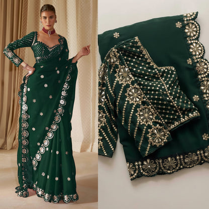 A dark green traditional Indian salwar suit set with intricate gold and silver mirror work embroidery, shown on a model and as a flat-lay detail view.