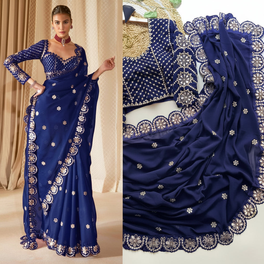 A navy blue saree with intricate silver and gold floral embroidery and a scalloped border, shown on a model and in a close-up detail view.