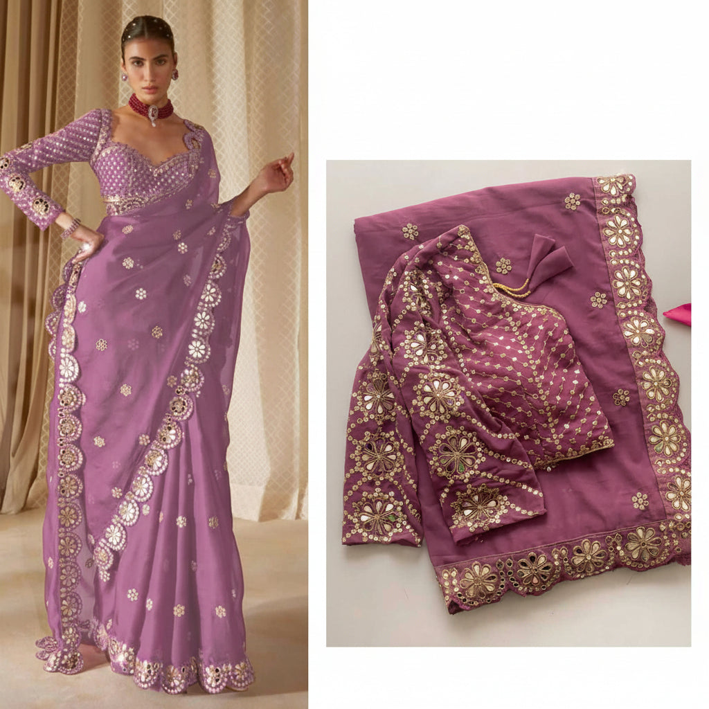 Purple saree with gold embroidery on a plain background