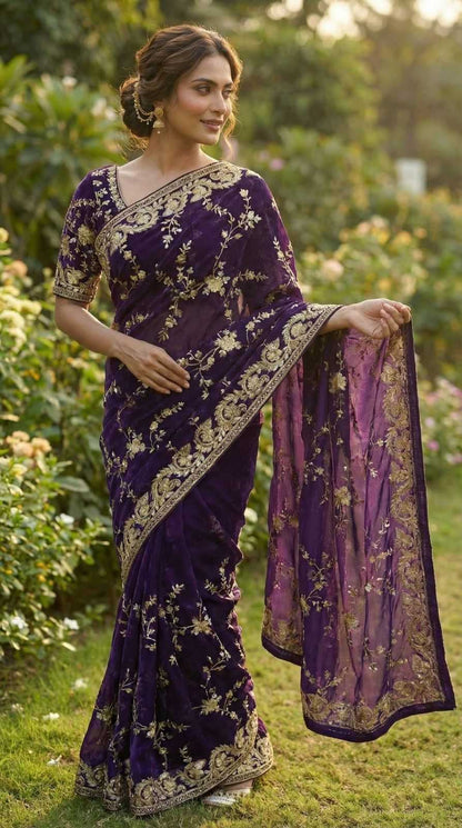 A woman wearing a deep purple velvet saree with intricate gold floral embroidery and a matching sheer dupatta, standing in a lush green garden.