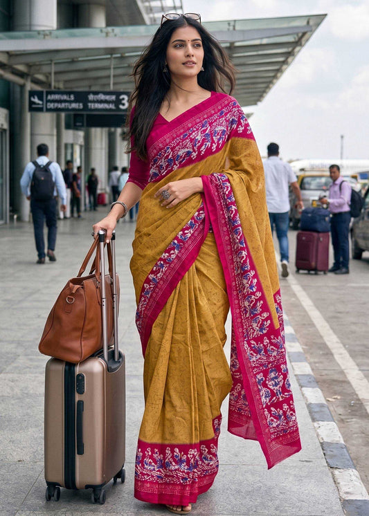 Woman in a yellow and pink saree with a suitcase at an airport.