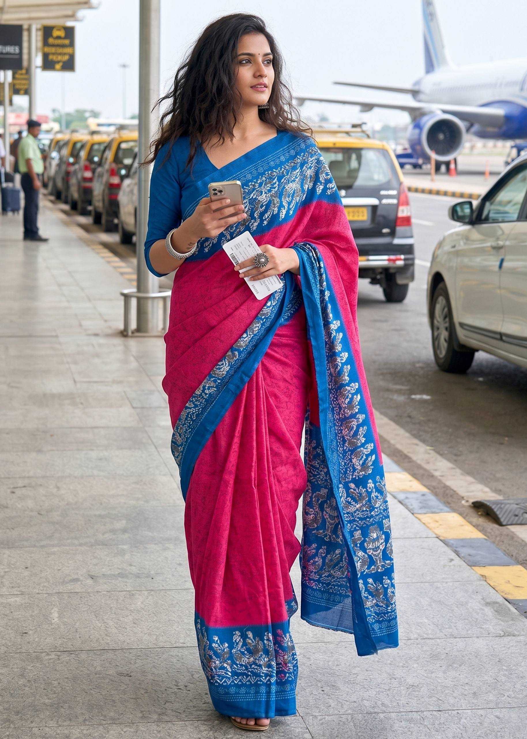 Woman in a pink and blue saree using a phone at an airport.