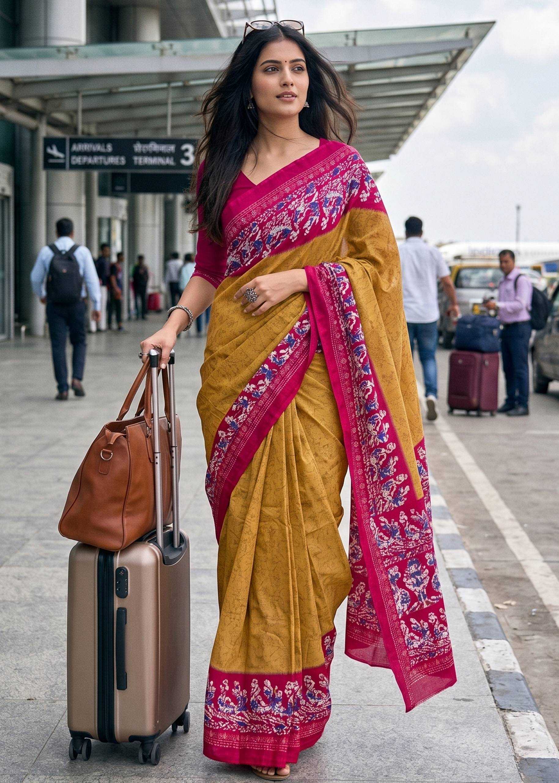 Woman in a yellow and pink saree with a suitcase at an airport.