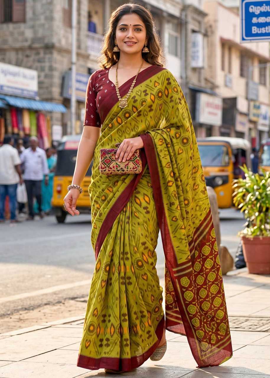 Woman in a green saree with red border on a street