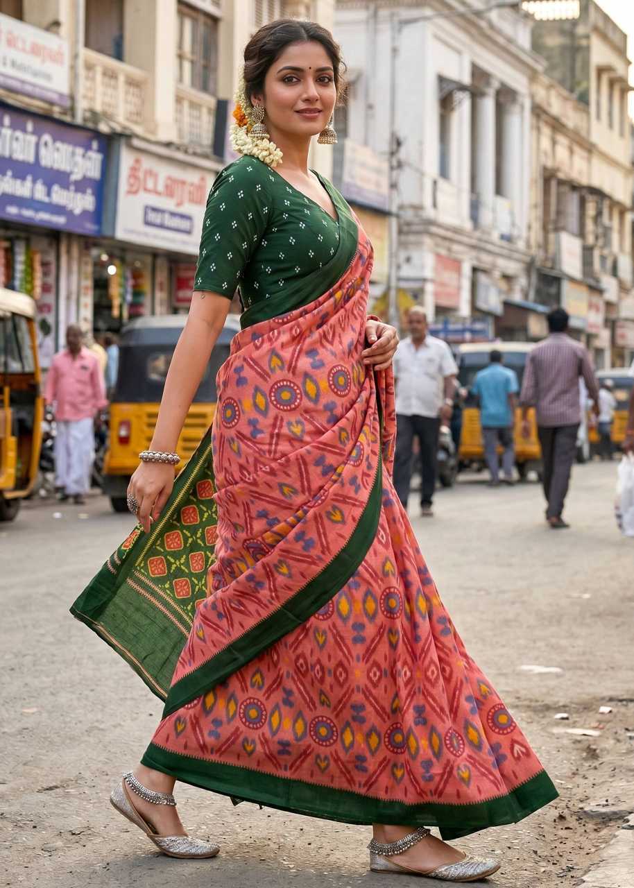 Woman in a pink saree with green border walking on a street.
