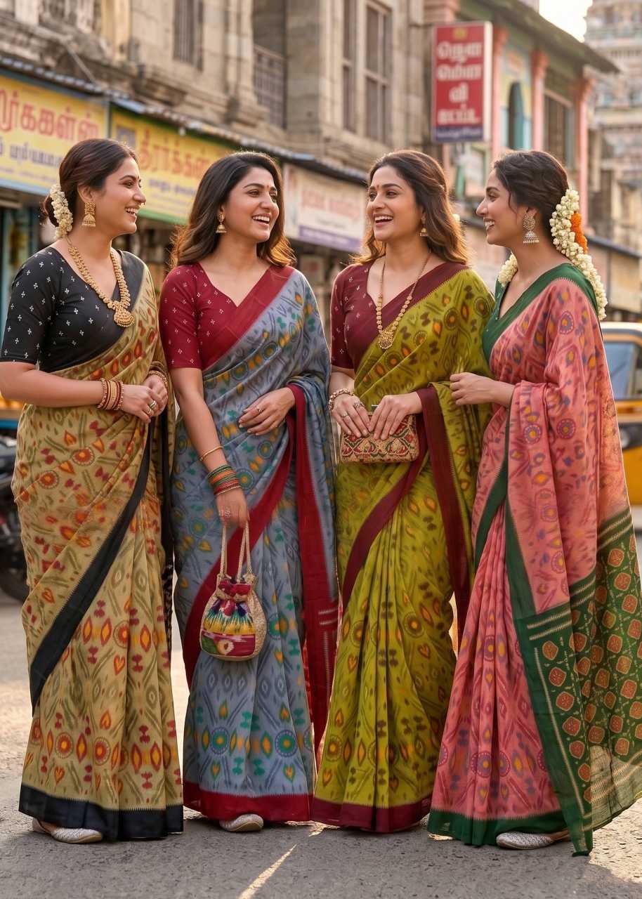 Four women in traditional sarees standing on a street.
