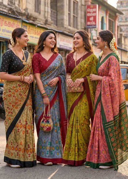 Four women in traditional sarees standing on a street.