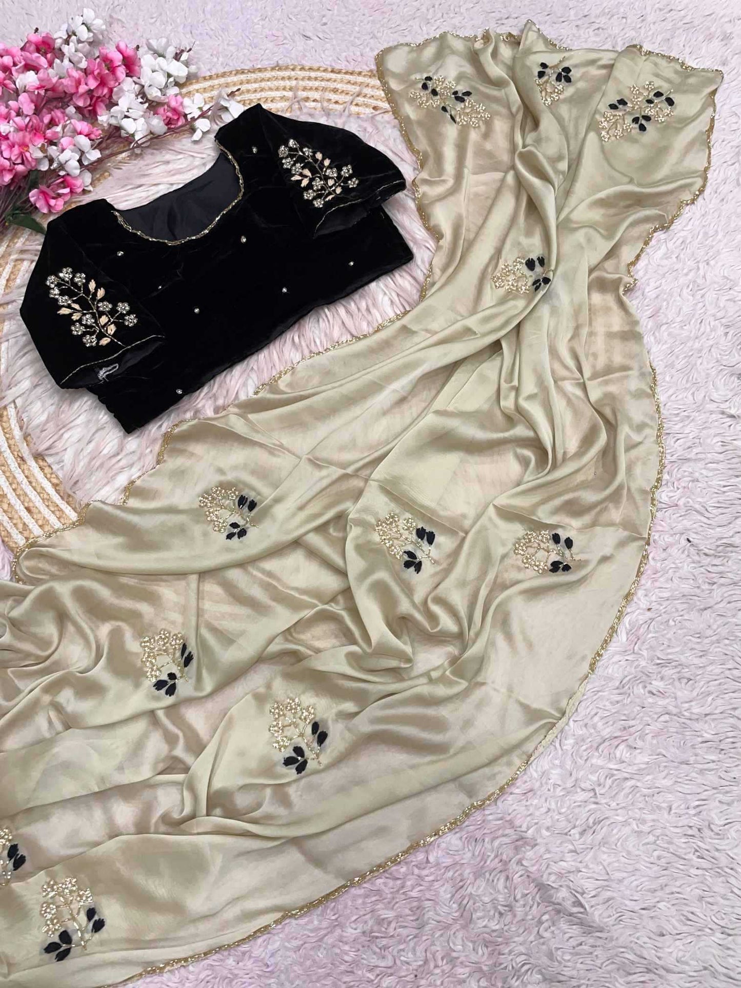 Beige saree with floral embroidery and black blouse on a textured surface.