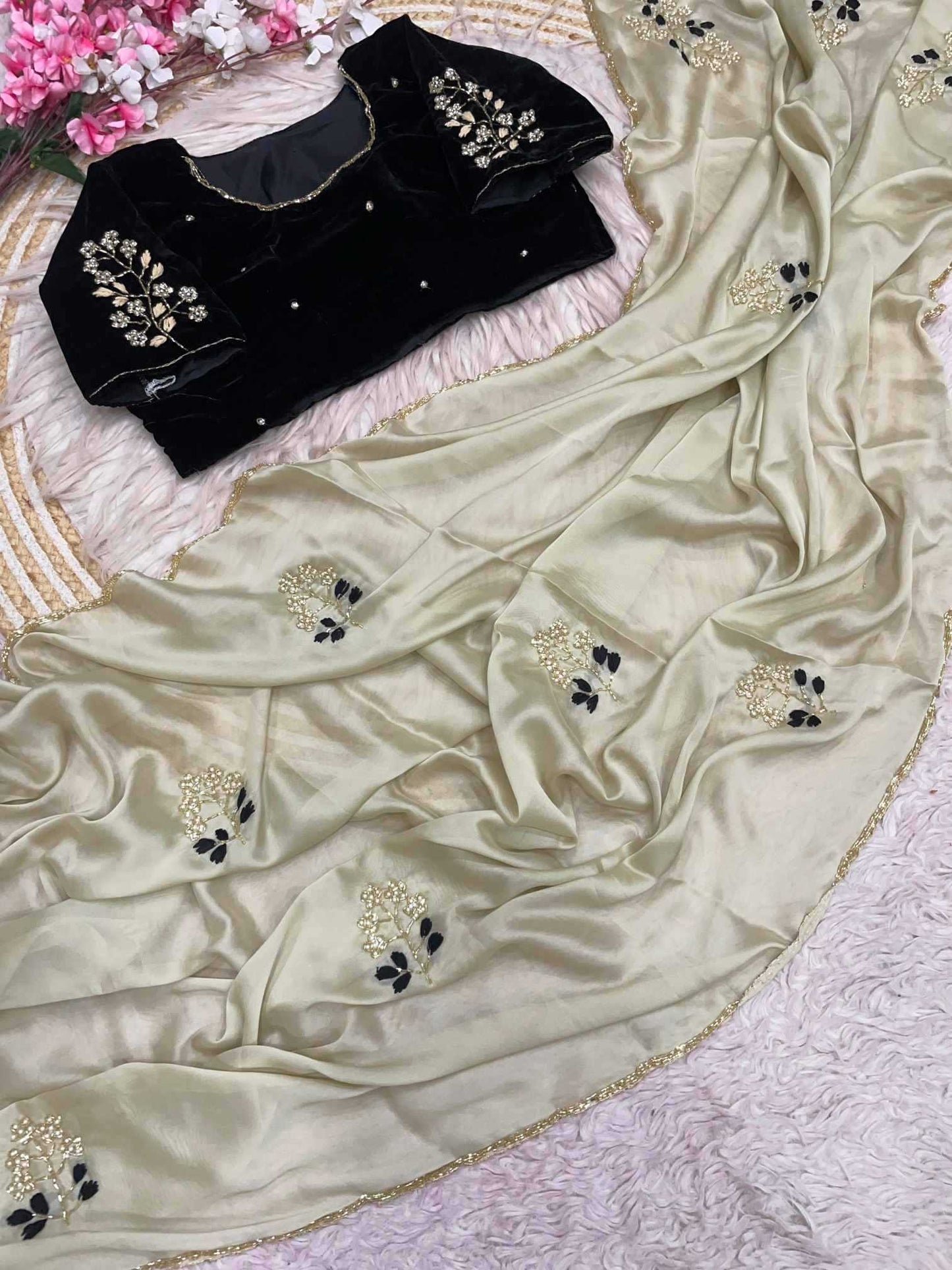 Beige saree with black blouse piece on a decorative background