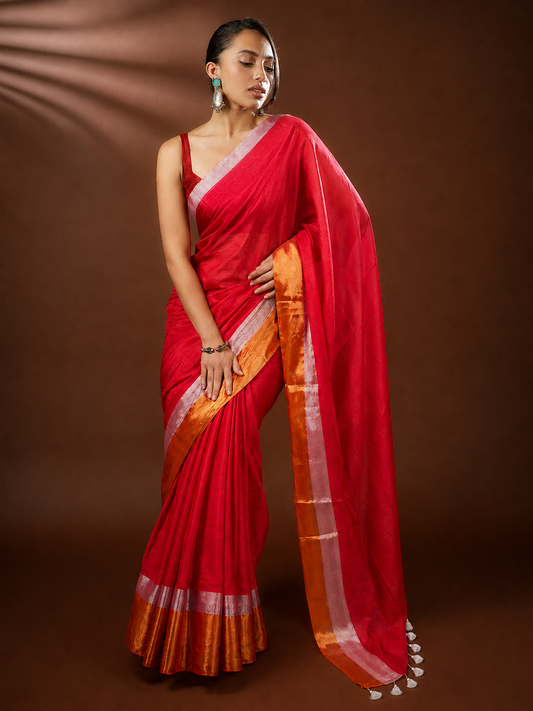 Mul Cotton Tissue Scarlet Sheen Saree