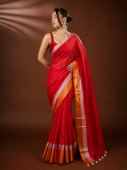 Mul Cotton Tissue Scarlet Sheen Saree