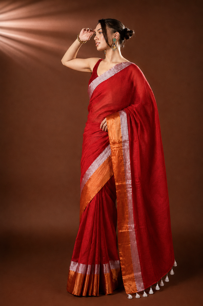 Mul Cotton Tissue Scarlet Sheen Saree