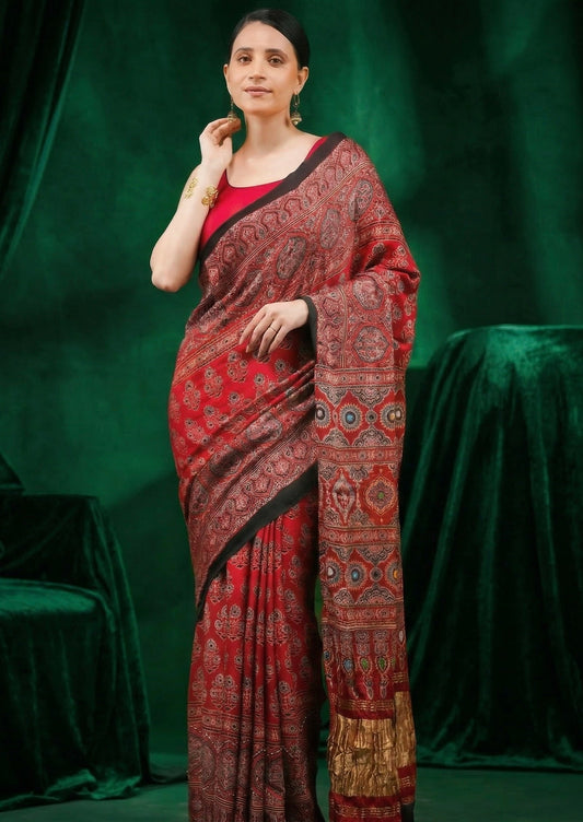 Suroor Ajrakh Modal Silk Saree With Mirror Work