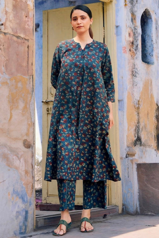 Akshar Neel Cord Set - Ajrakh Hand Block Printed 2Pc Set