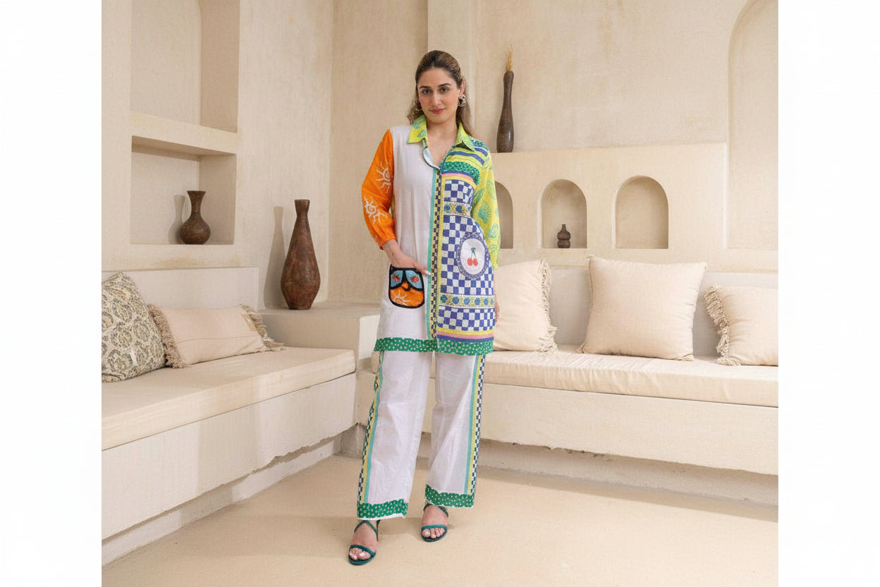 Woman wearing a colorful outfit in a living room setting