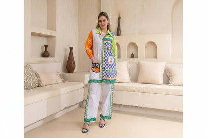 Woman wearing a colorful outfit in a living room setting