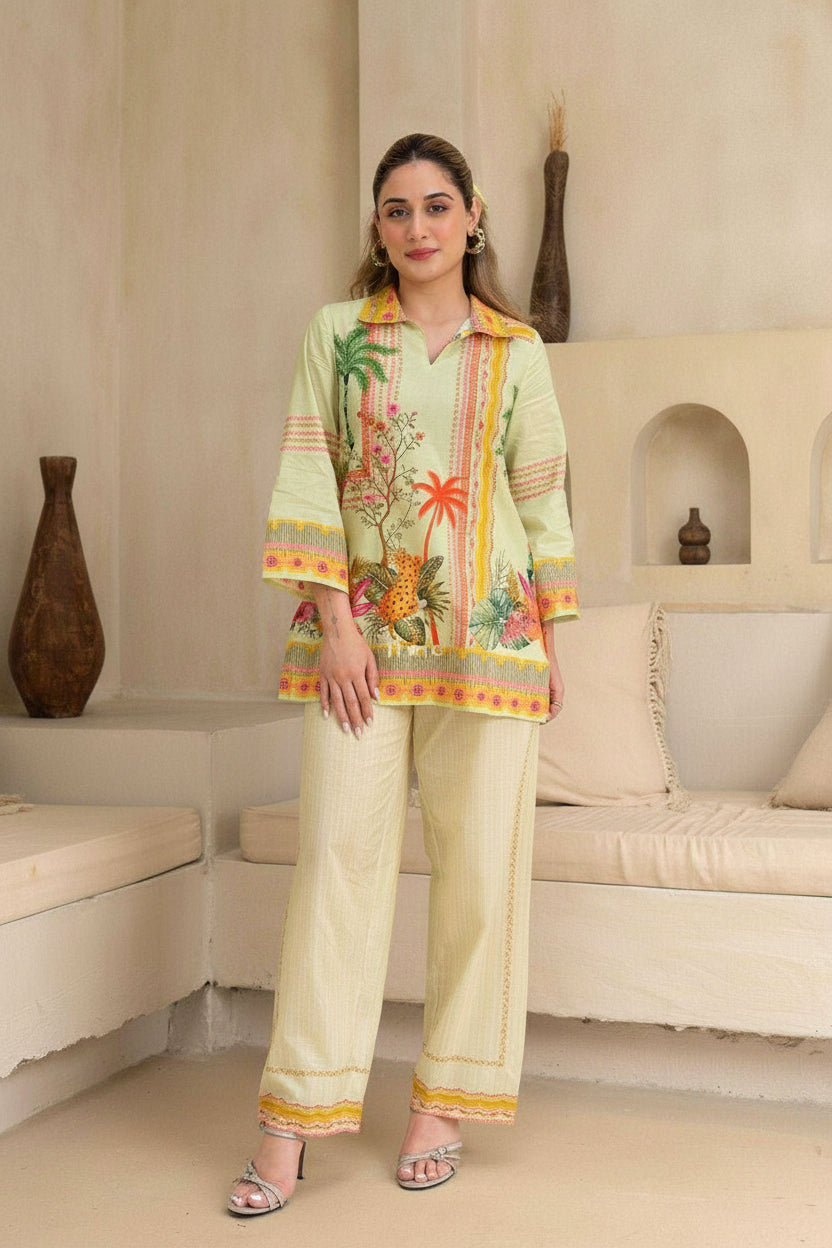 Woman wearing a colorful outfit in a living room setting with 'I Love' branding.