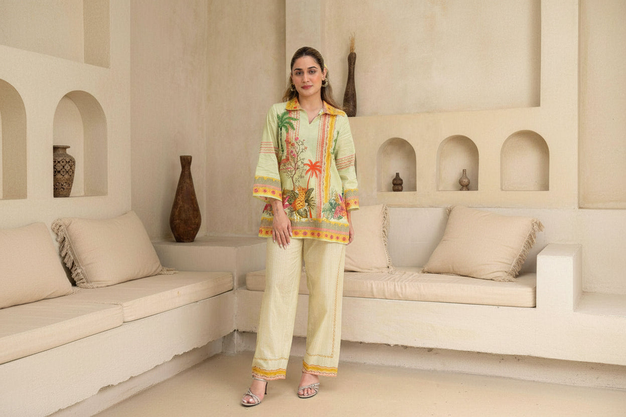 Woman wearing a colorful outfit in a living room setting with 'I Love' branding.