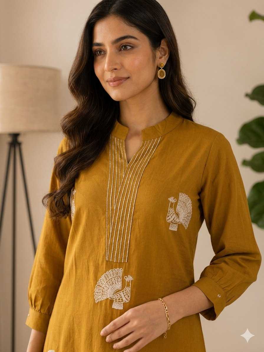 Woman wearing a mustard yellow kurta with intricate white embroidery indoors.