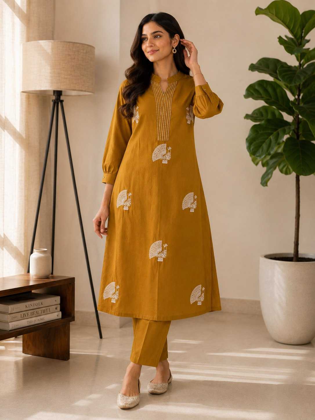 Woman in a mustard yellow outfit standing in a room with a lamp and plant.