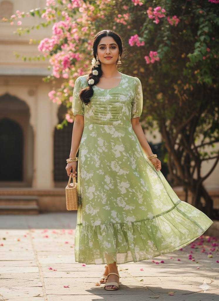 A woman wearing a light green and white floral print midi dress with short sleeves and a tiered ruffled hem, standing outdoors in front of a building with pink flowering trees.