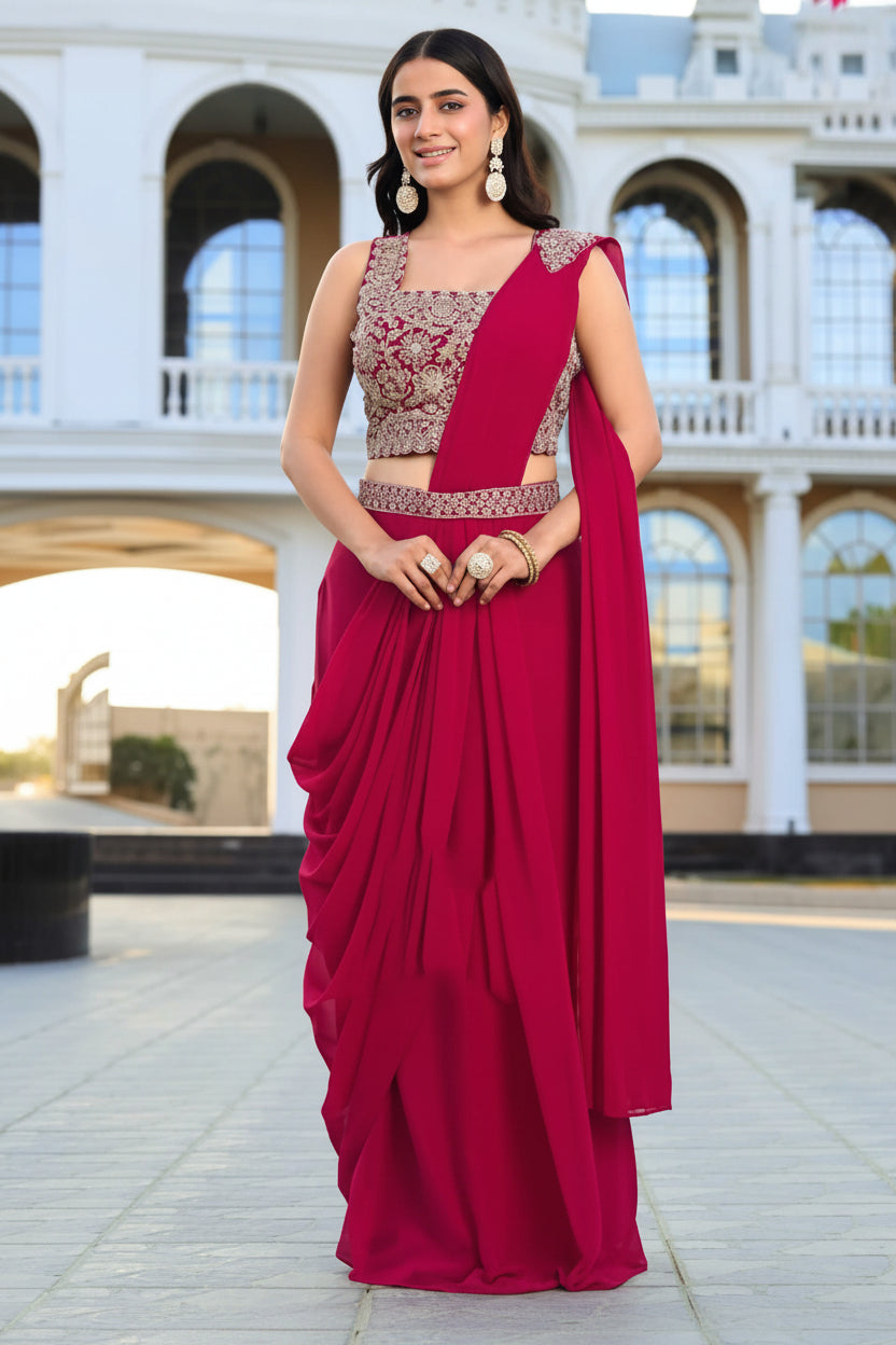 A woman modeling a bright pinkish-red georgette saree with a heavily embroidered sleeveless blouse, standing outdoors in front of a grand classical building. Text overlays on the left and right detail fabric and size information.