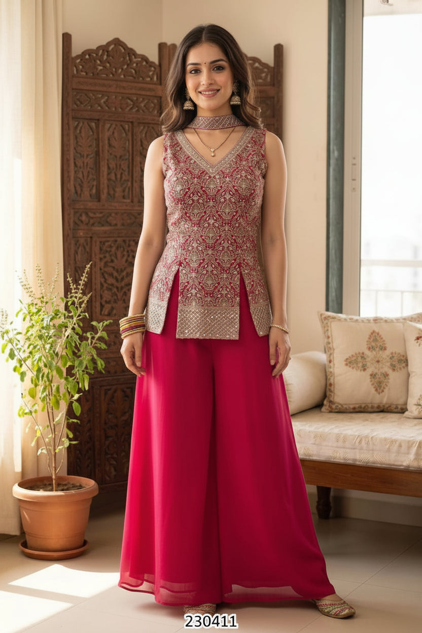 A woman modeling a traditional Indian outfit consisting of a sleeveless embellished top in beige and pink with bright pink wide-leg pants, standing in a decorated room with a carved wooden screen and a potted plant.