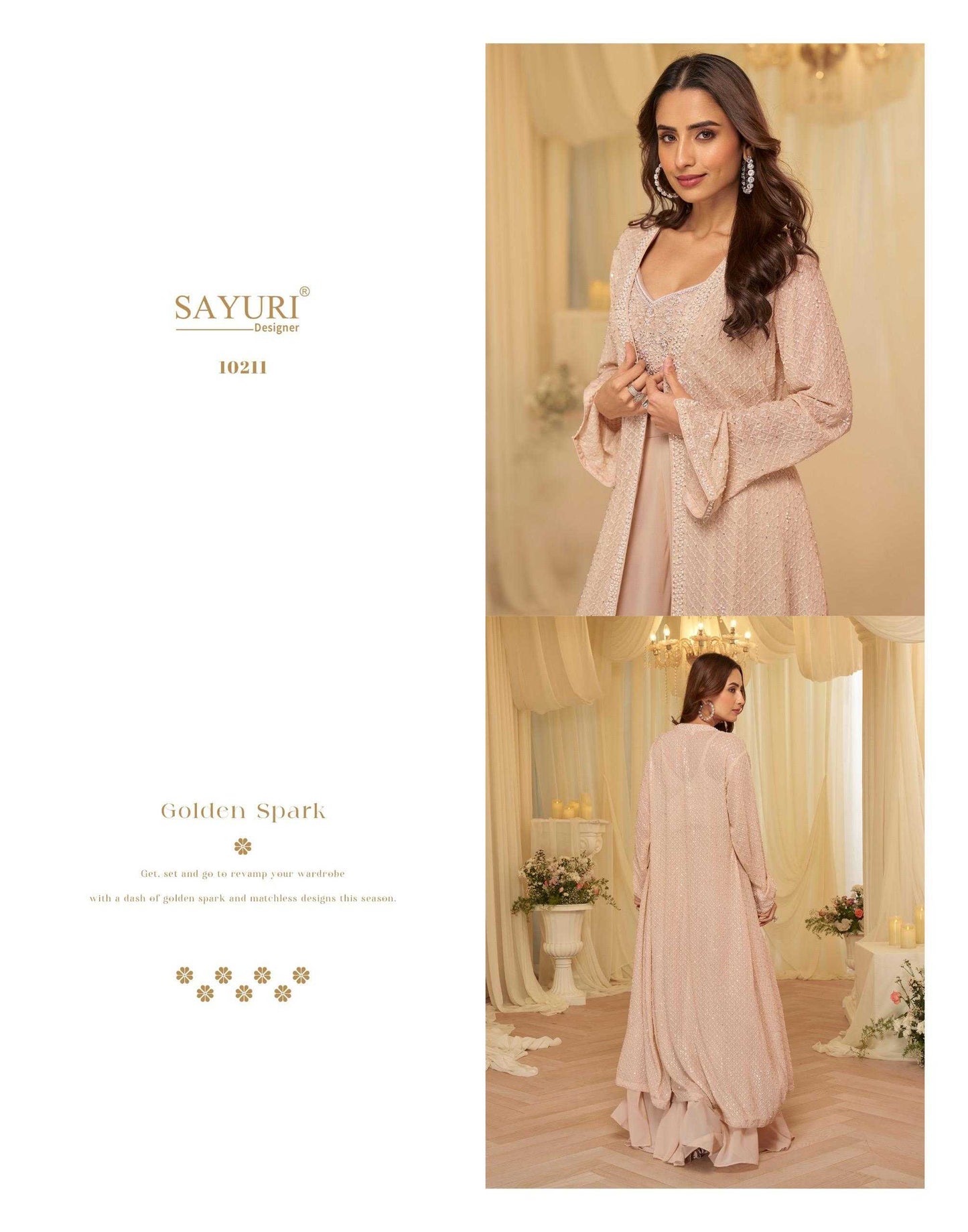 Woman in a light pink dress with 'Sayuri' branding in an elegant room.