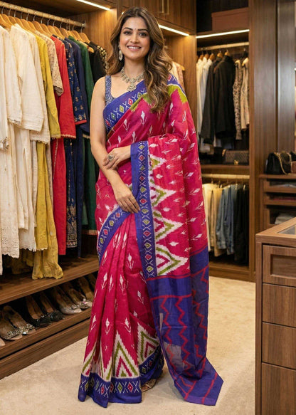 Woman in a colorful saree standing in a clothing store with racks of clothes and shoes in the background.
