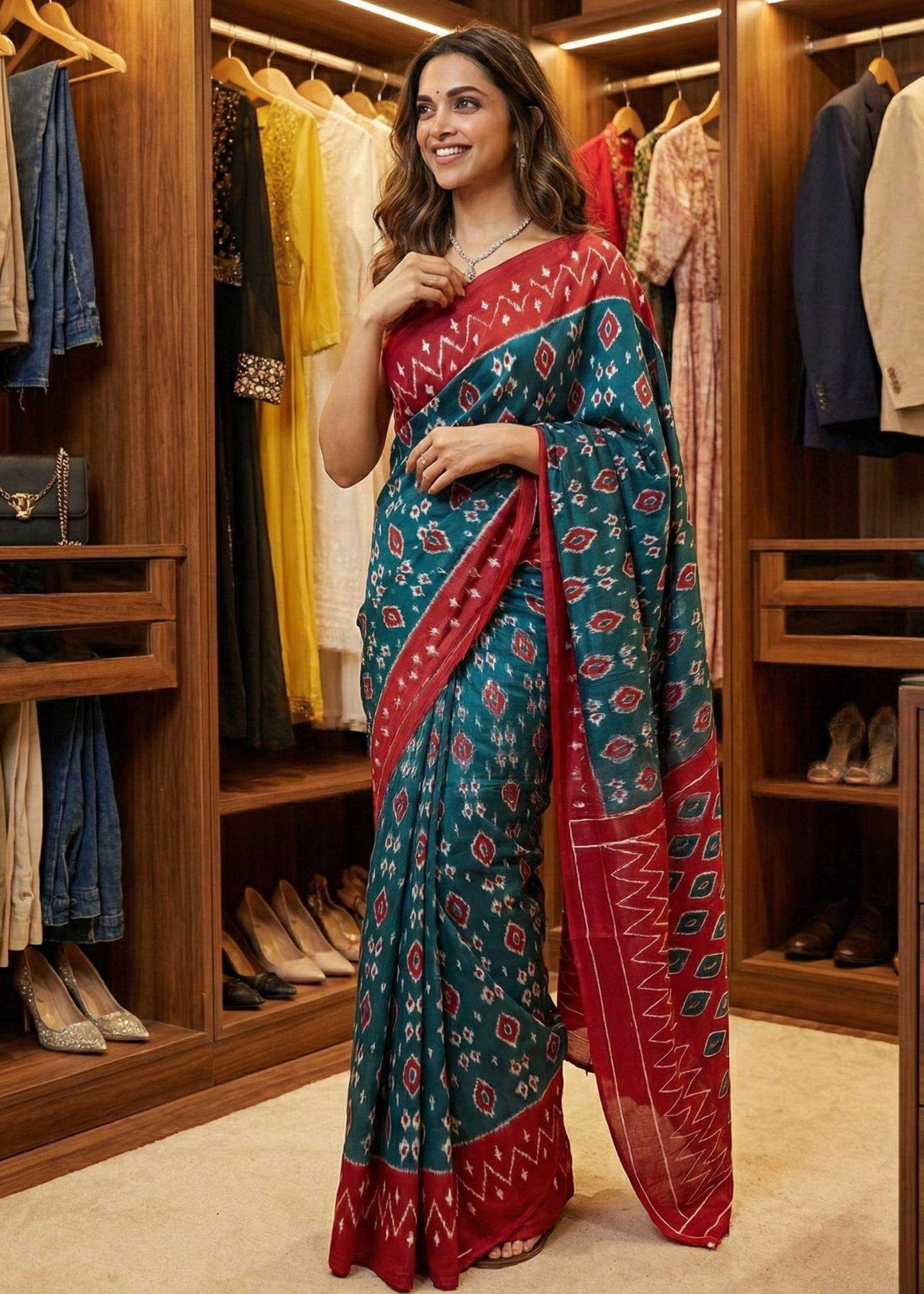 Woman wearing a traditional saree in a clothing store