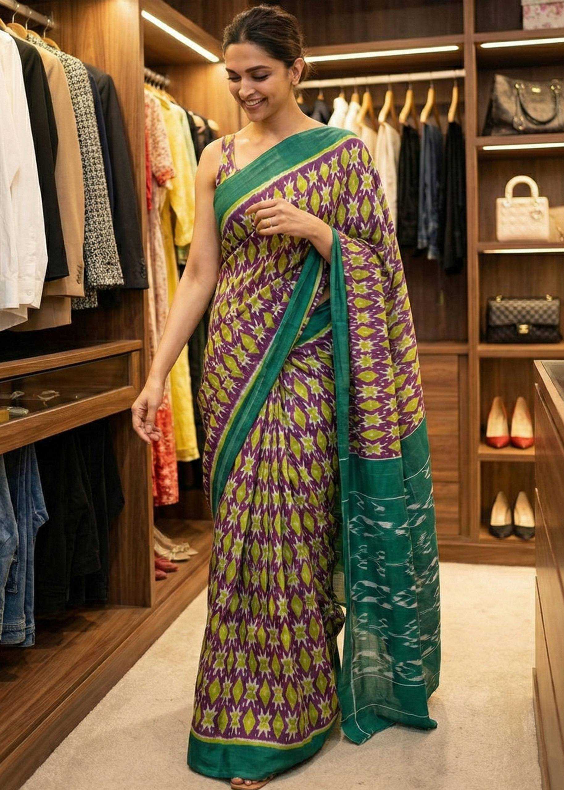 Woman wearing a purple and green saree in a clothing store.