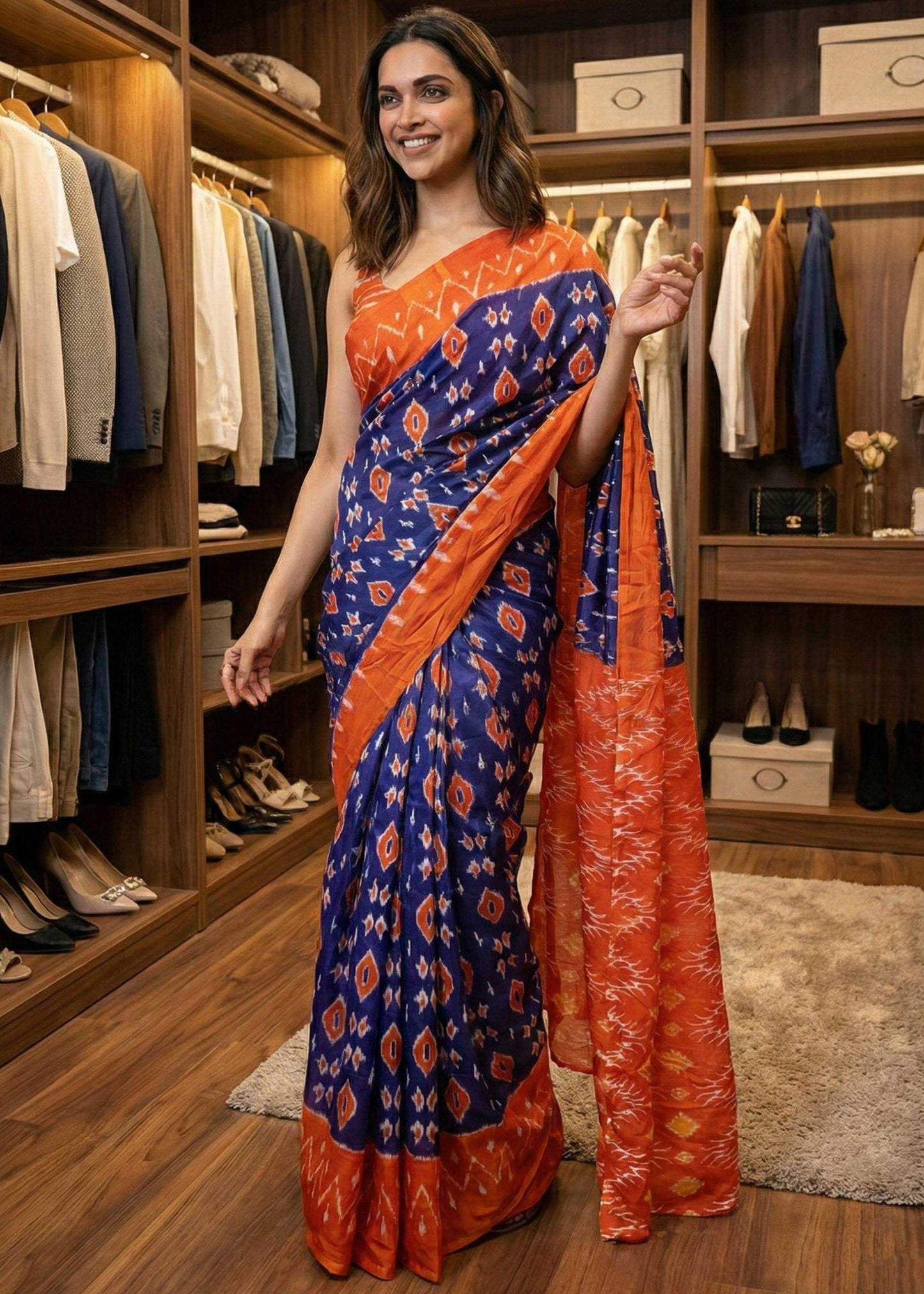 Woman wearing a blue and orange saree in a clothing store.