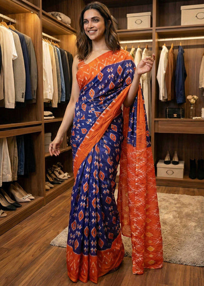 Woman wearing a blue and orange saree in a clothing store.