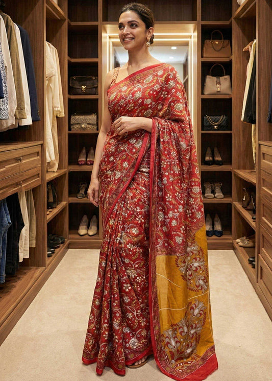 Woman in a red floral saree standing in a walk-in closet.