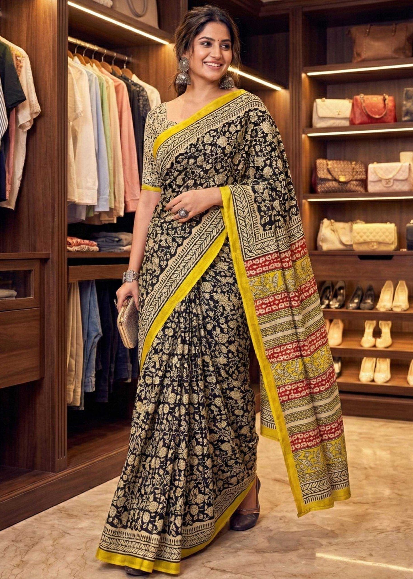 Woman in a saree standing in a clothing store with shelves and clothes in the background.