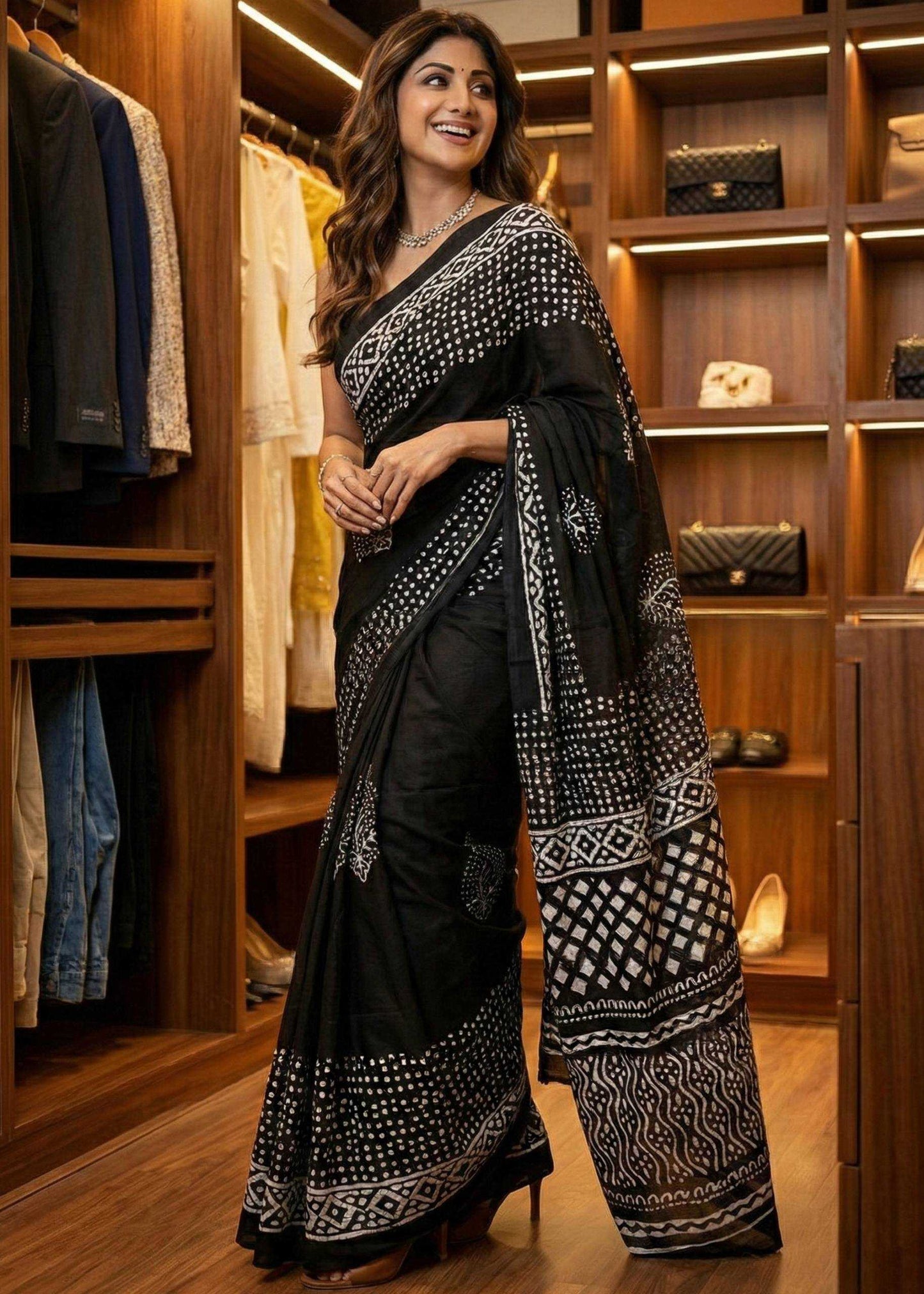 Woman in a black and white saree standing in a wardrobe with clothes and bags.