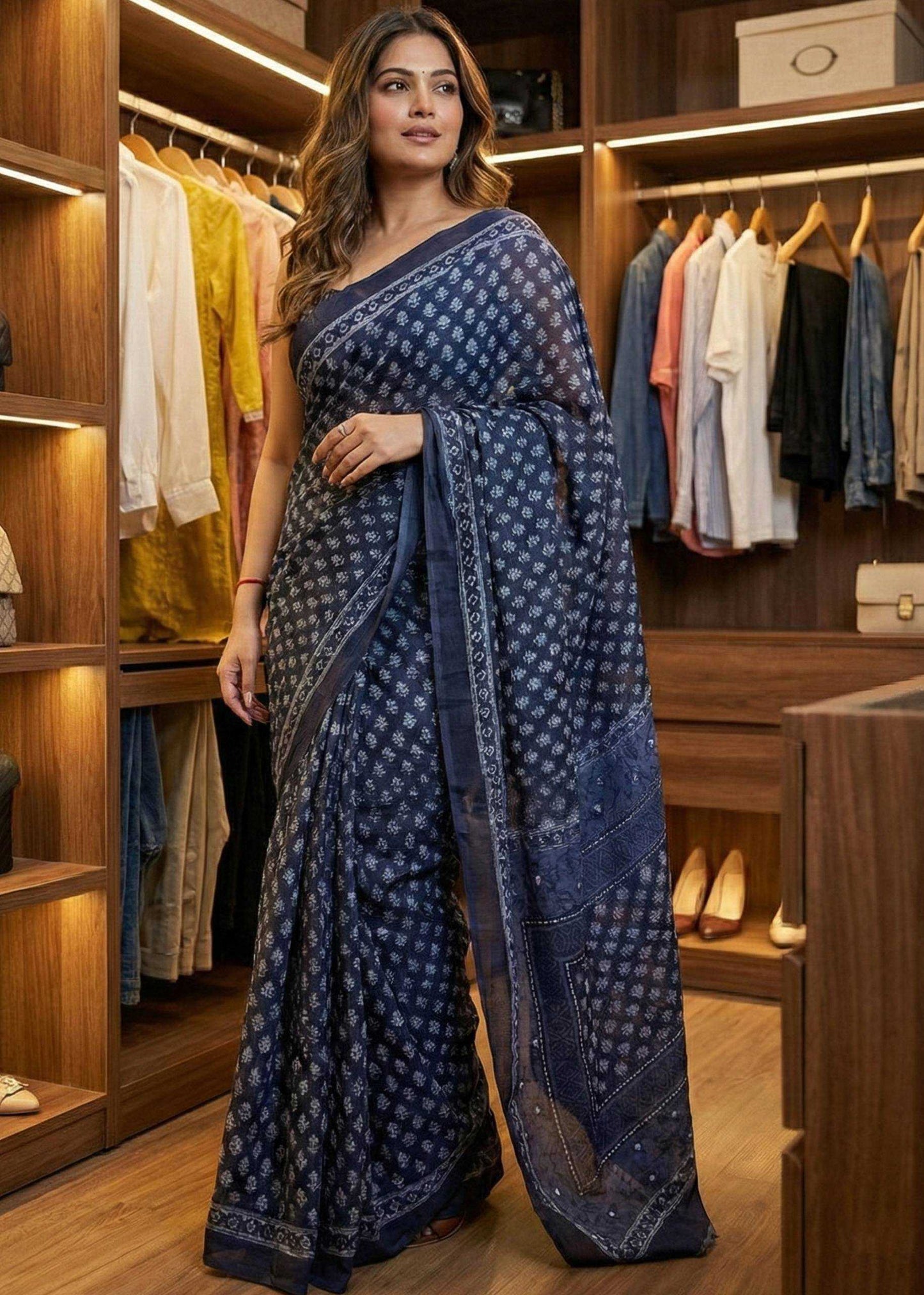 Woman in a blue saree standing in a well-lit wardrobe with clothes and shoes.