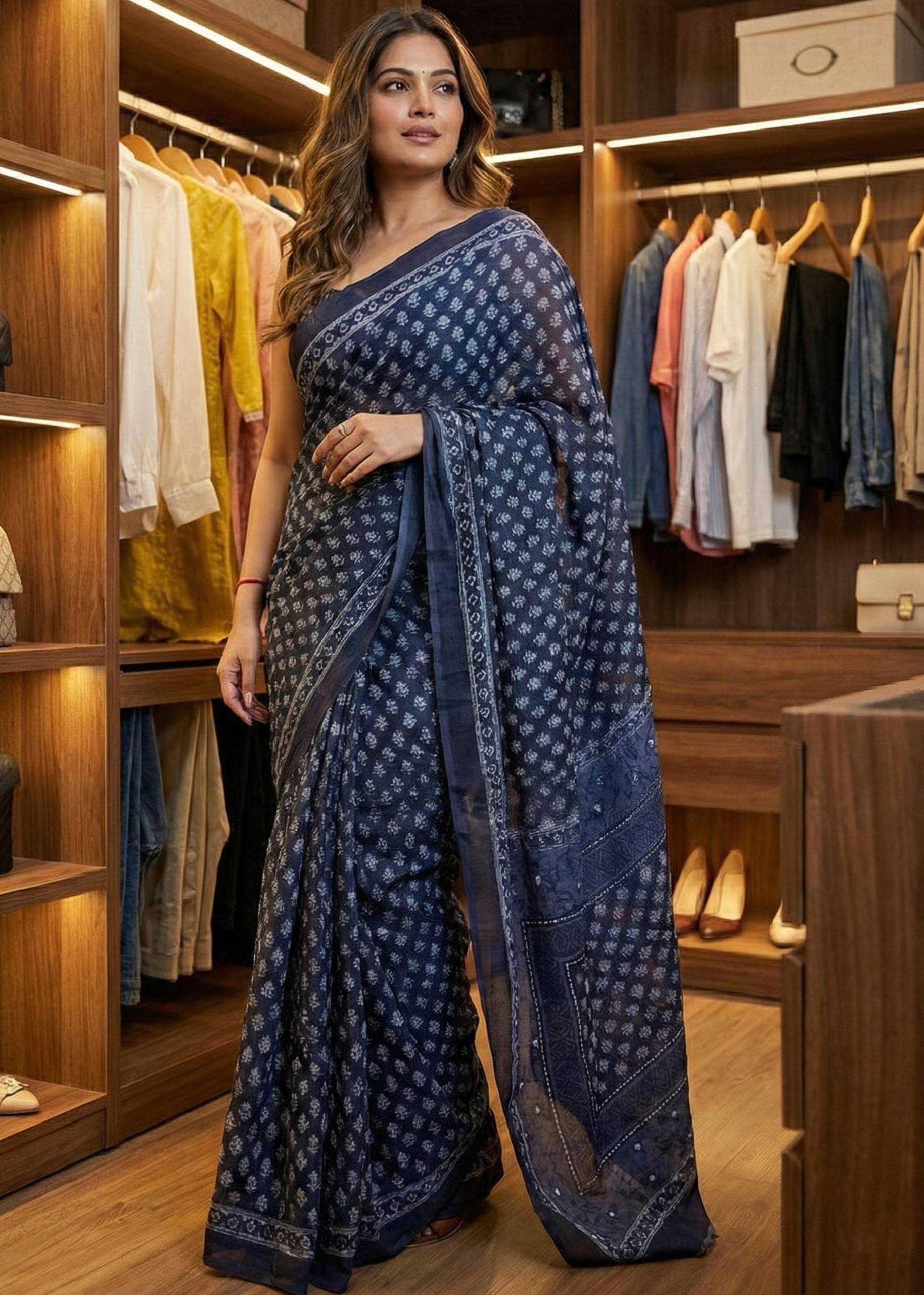Woman in a blue saree standing in a well-lit wardrobe with clothes and shoes.
