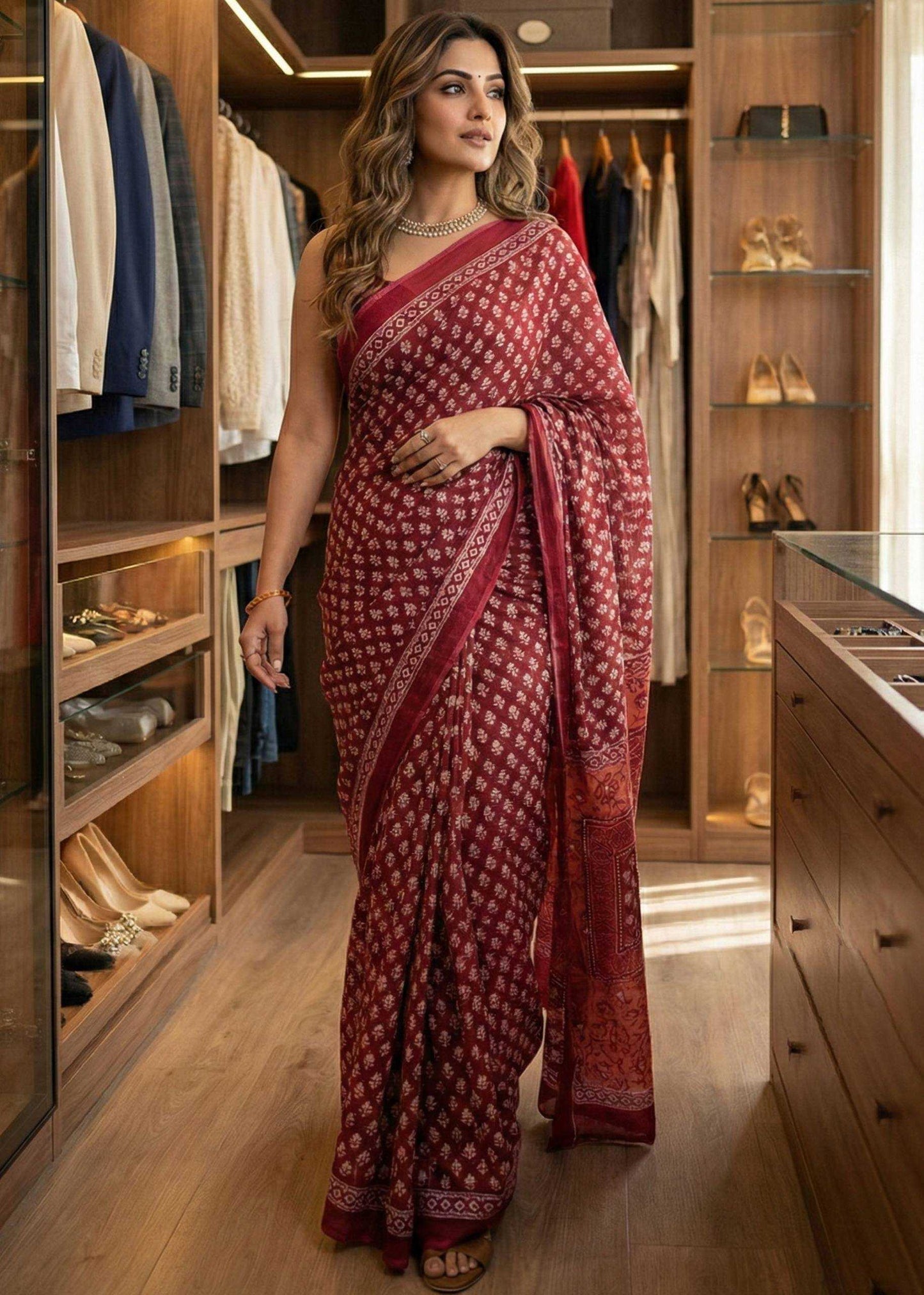 Woman in a red saree standing in a well-lit wardrobe with clothes and shoes.