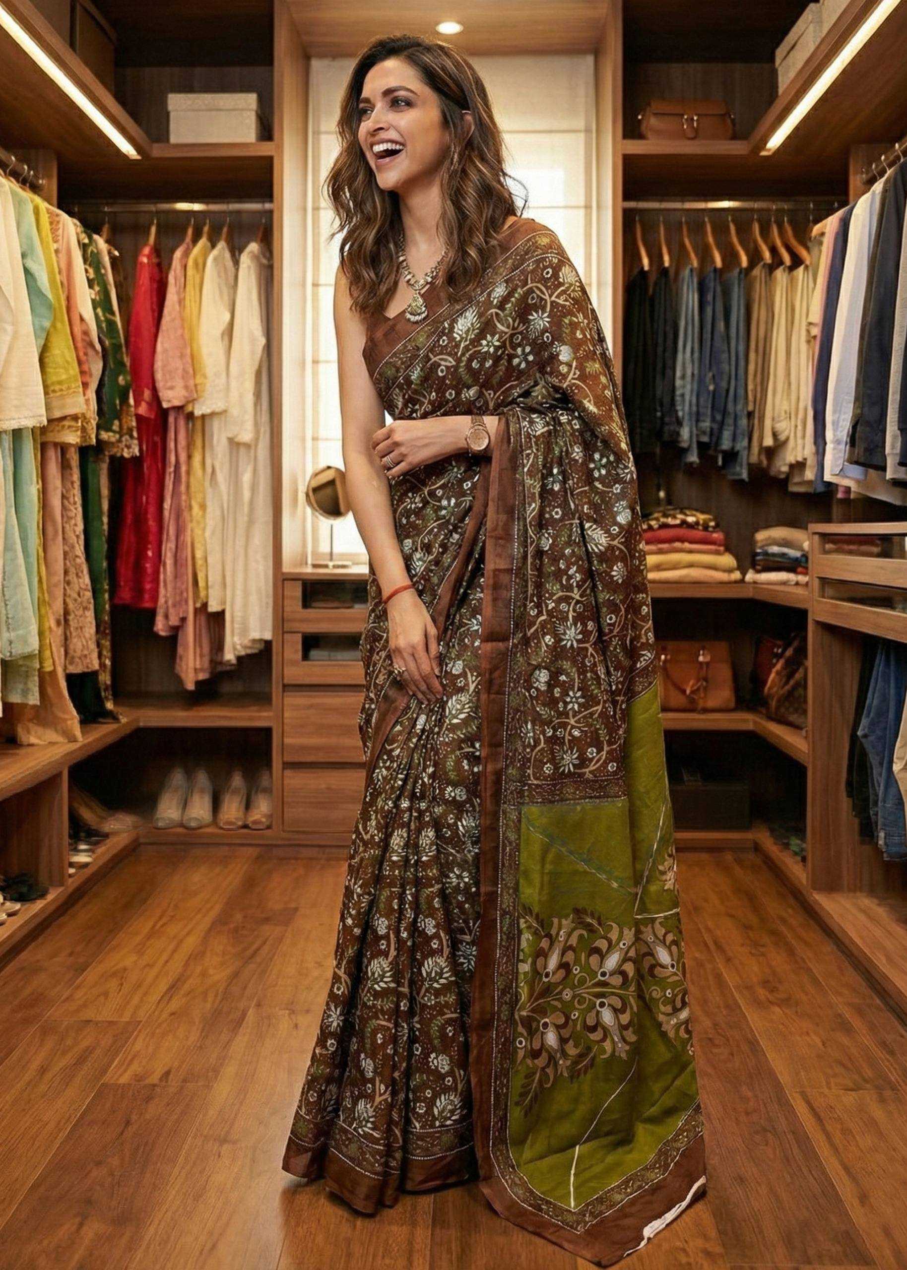 Woman in a patterned saree standing in a well-lit wardrobe with clothes on racks.