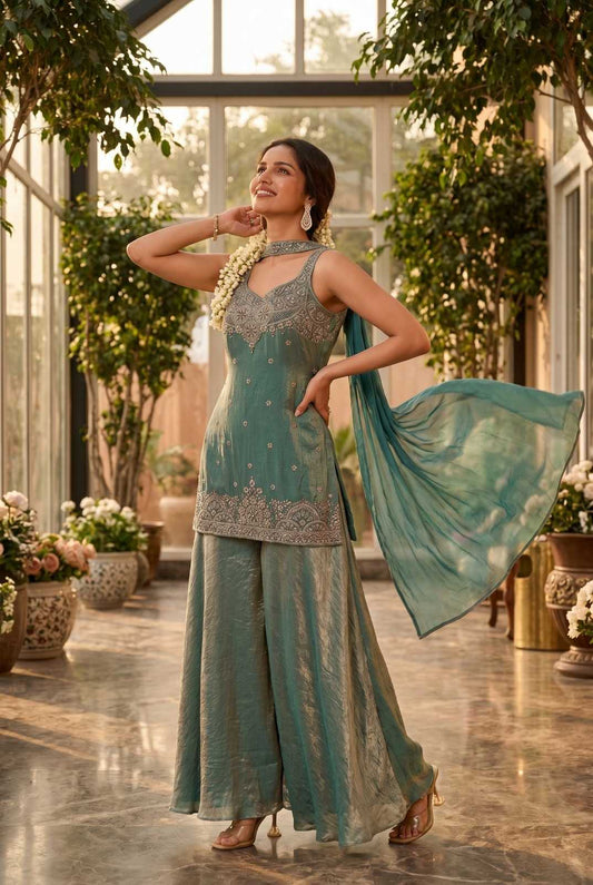 Woman in a teal and silver traditional outfit standing in a well-lit room with plants.